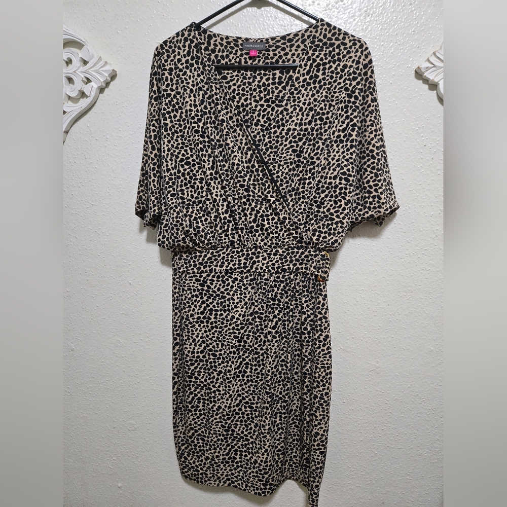Vince Camuto - Black & tan blouson faux wrap sheath dress, sz 6